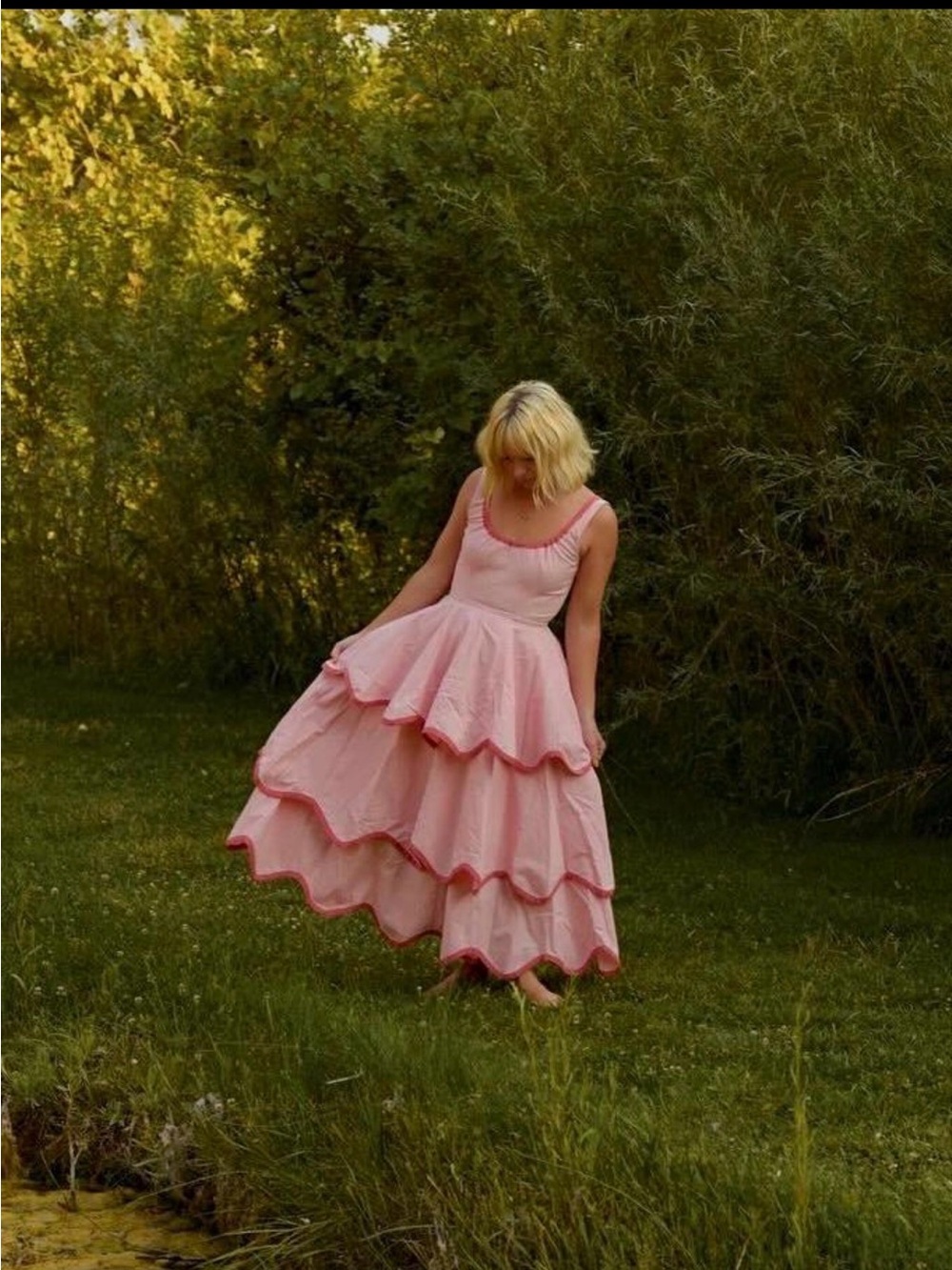 Romantic Pink Tiered Maxi Dress with Scalloped Ruffles